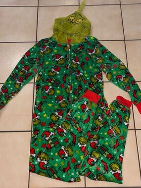 Adult Grinch Fleece Hooded One-Piece Pajama